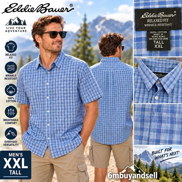 Eddie Bauer Other - Eddie Bauer Mens XXL Tall Blue Plaid Short Sleeve Button Up Relaxed Fit Shirt